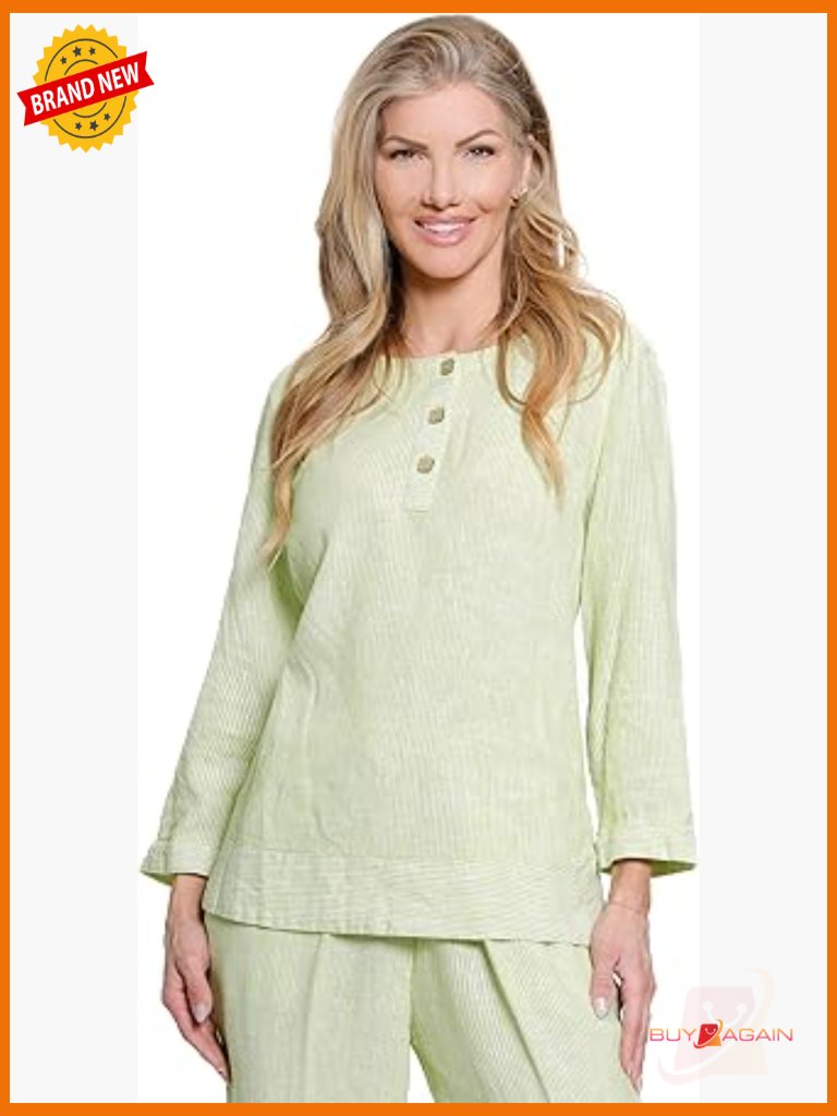 Woven Yarn Dye Stripe Popover Tunic 3/4 Sleeve
